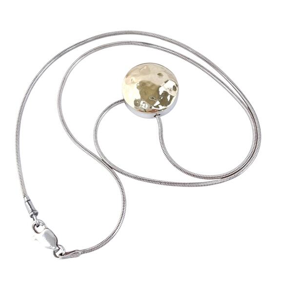 Gold-Tone Hammered Disc Pendant Necklace | Vintage Sterling Silver 925 | 16.5" - Picture 2 of 7